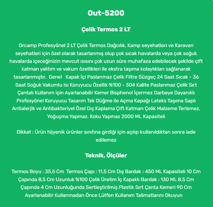 Keyif Kamp Orcamp Çift Yalıtım Çelik Termos 2 LT